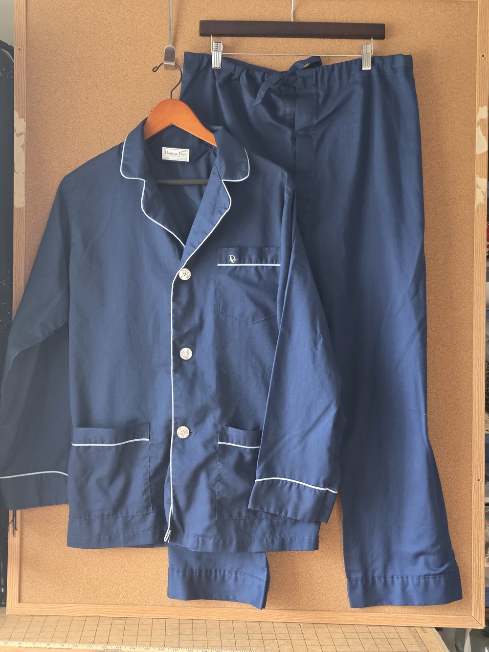 Christian Dior Vintage Mens Navy Pajama Set M Cotton 1970s 1980s Piped 2pc